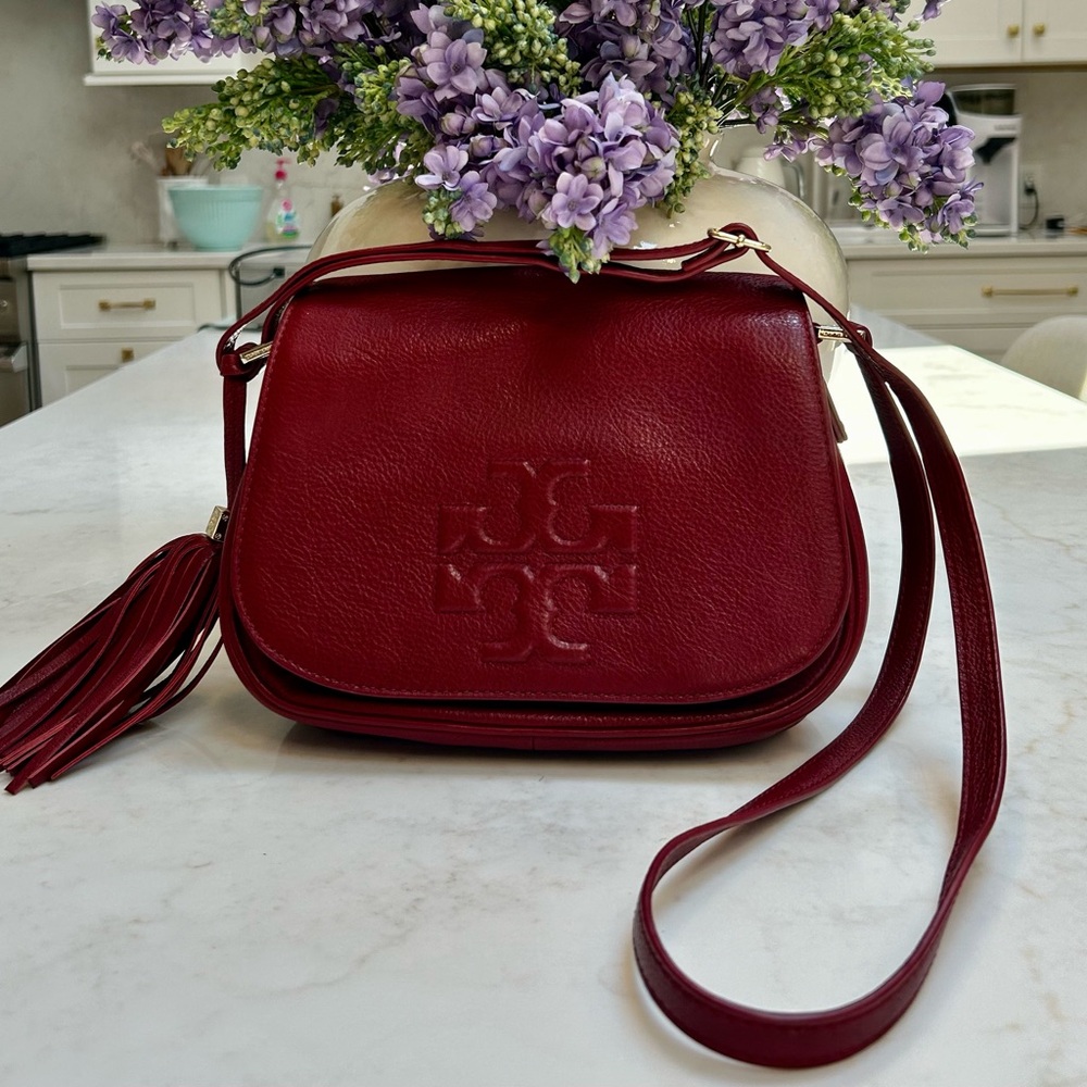 AUTHENTIC TORY BURCH - Shoulder / Crossbody with Leather Tassel in Burgundy Red